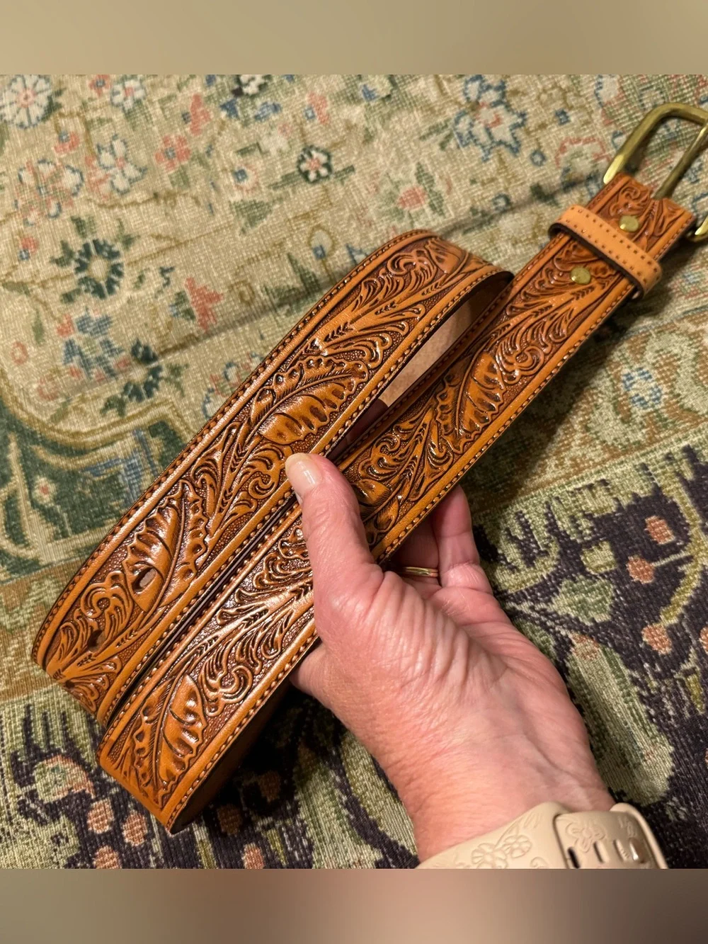 Circle Y hand tooled belt - 34. “Poppy” on back.